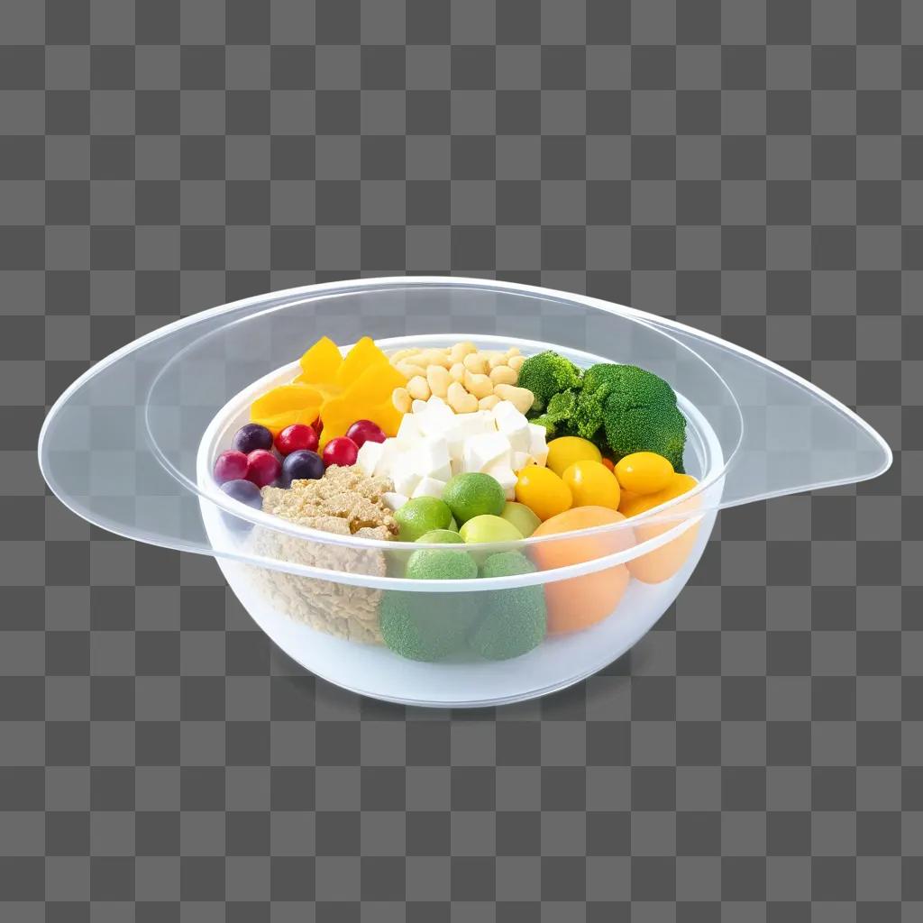 transparent bowl filled with colorful food