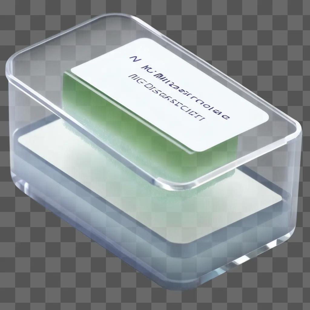 transparent box containing a white label and a green block