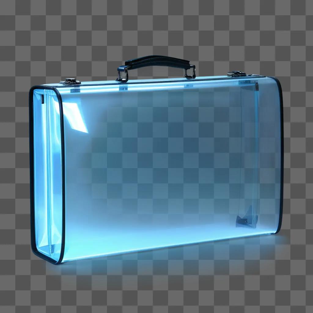 transparent briefcase sits on a blue background