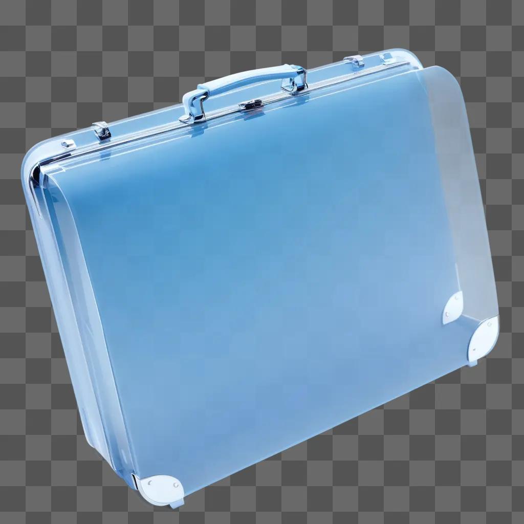 transparent briefcase sits on a blue background