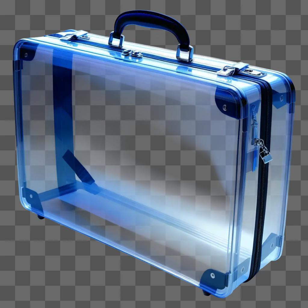 transparent briefcase sits on a blue background