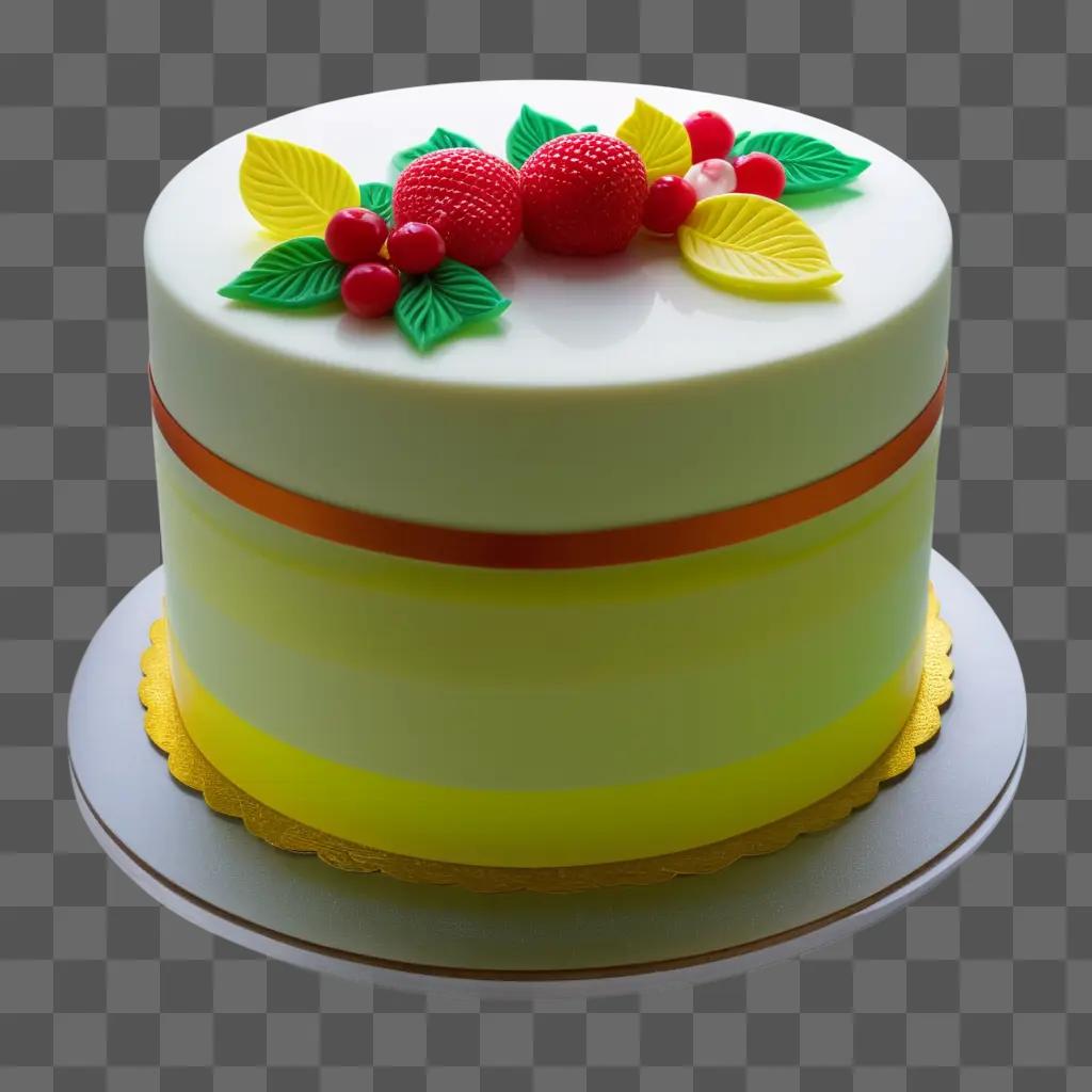 transparent cake topped with fruits and leaves