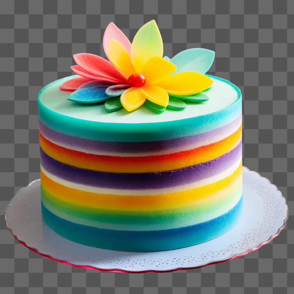 transparent cake with colorful icing and a flower