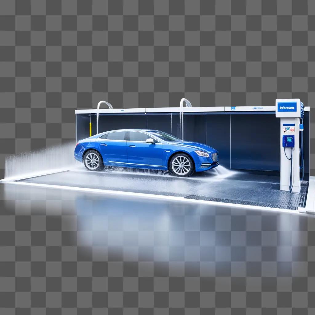 transparent car wash machine sprays a blue car