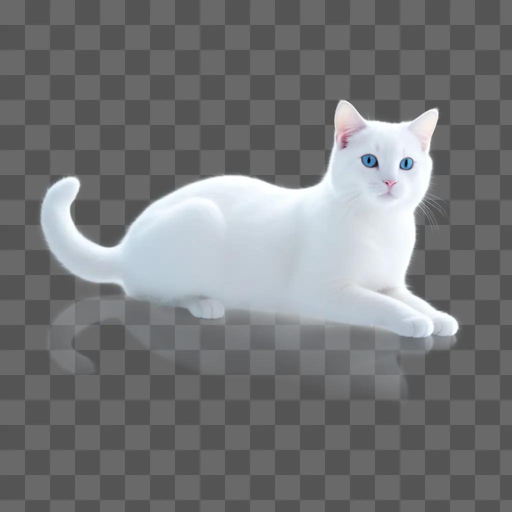 transparent cat with blue eyes rests on a white surface