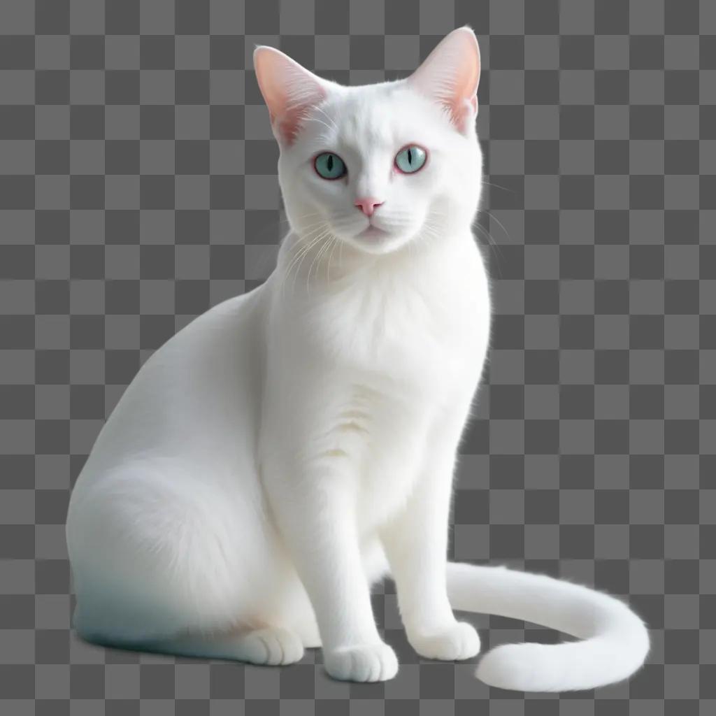 transparent cat with blue eyes sits on a white background