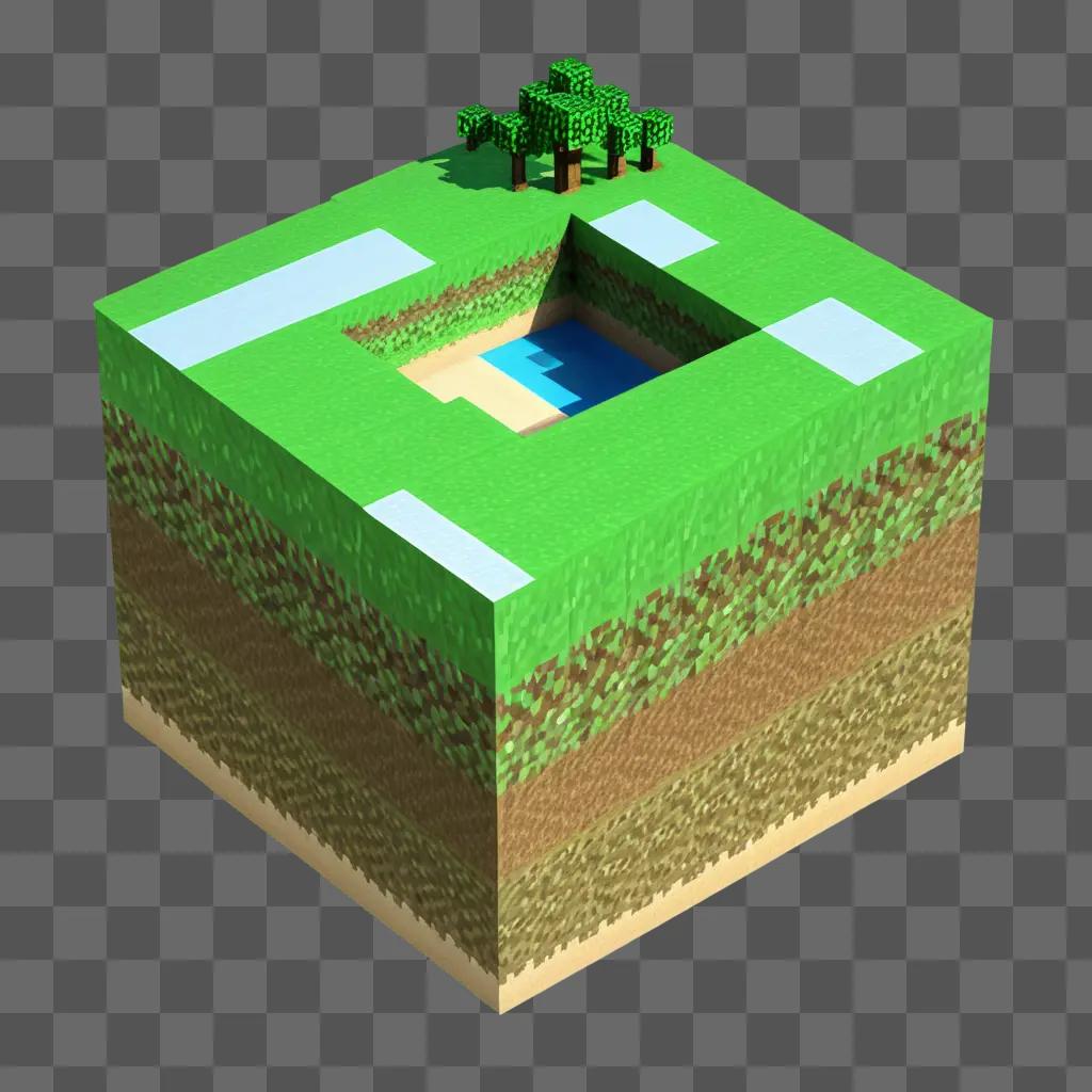 transparent cube in Minecraft with a lake and trees