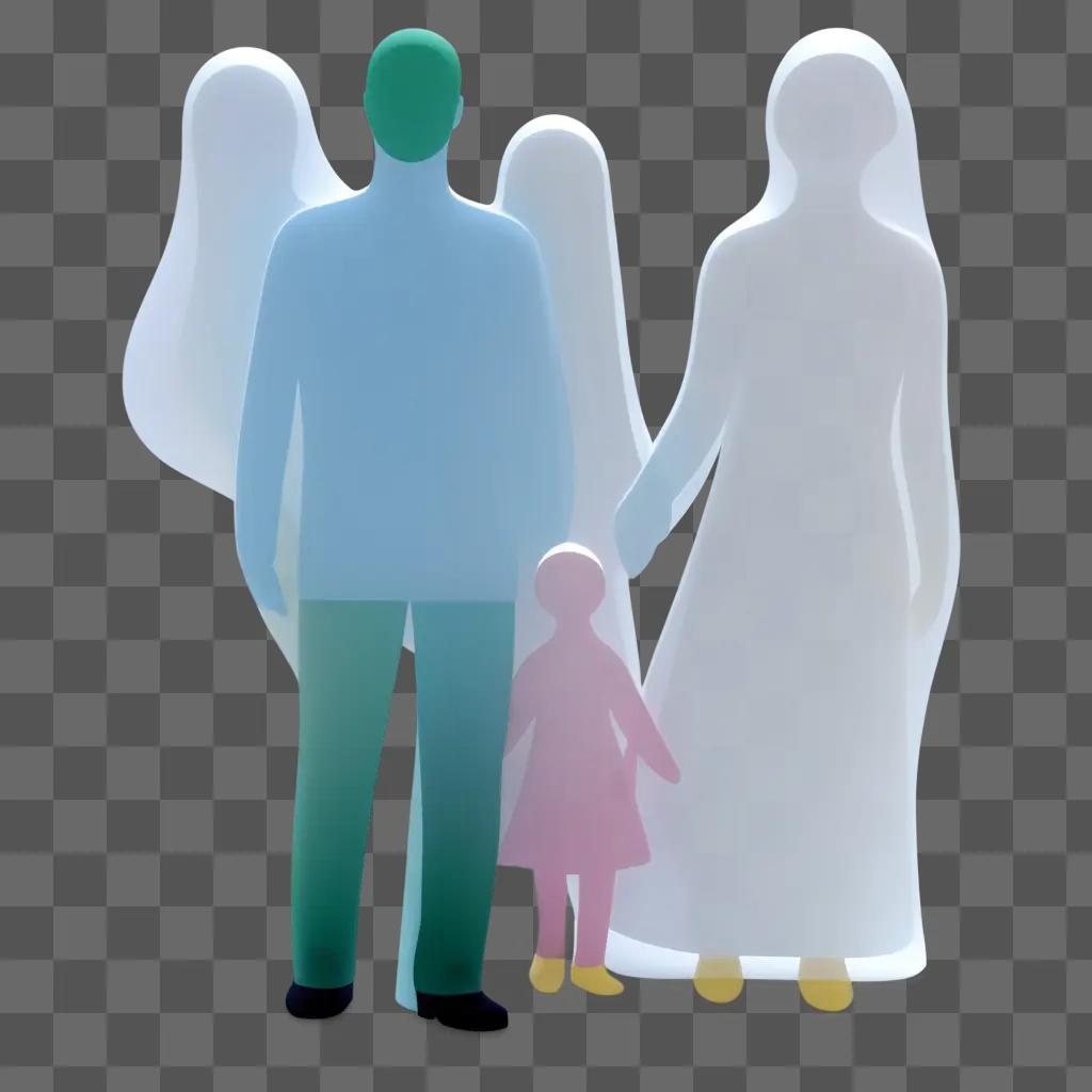 transparent family stands together in a white room