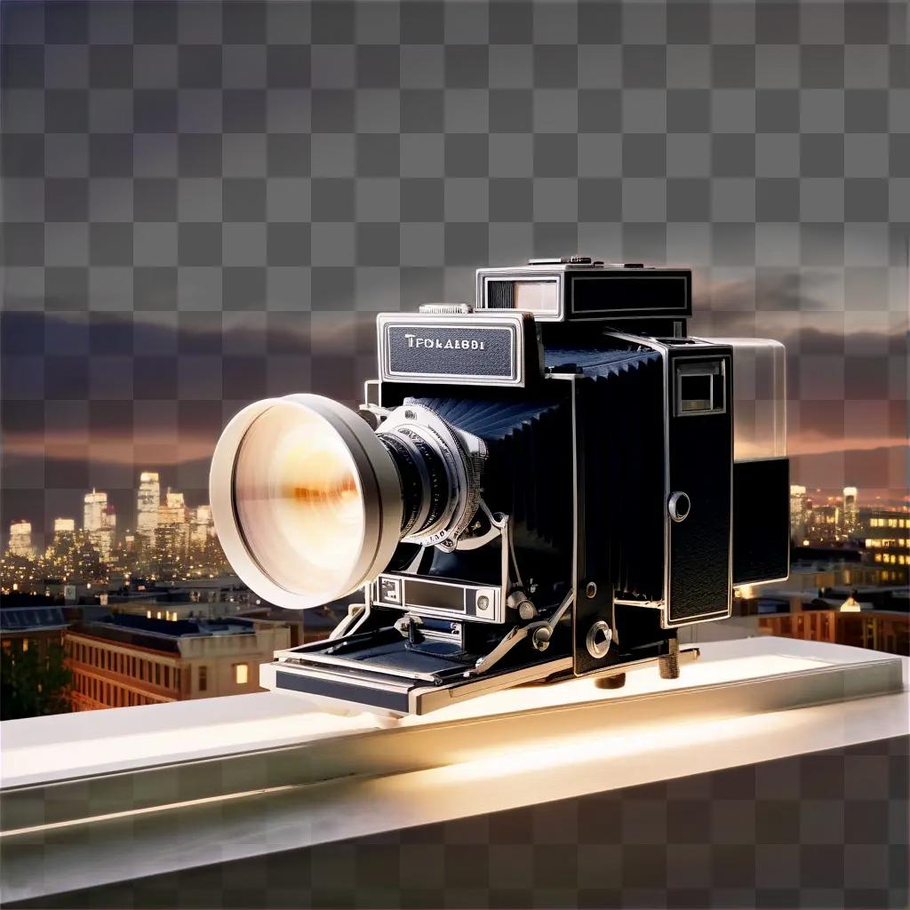 transparent film camera sits on a ledge