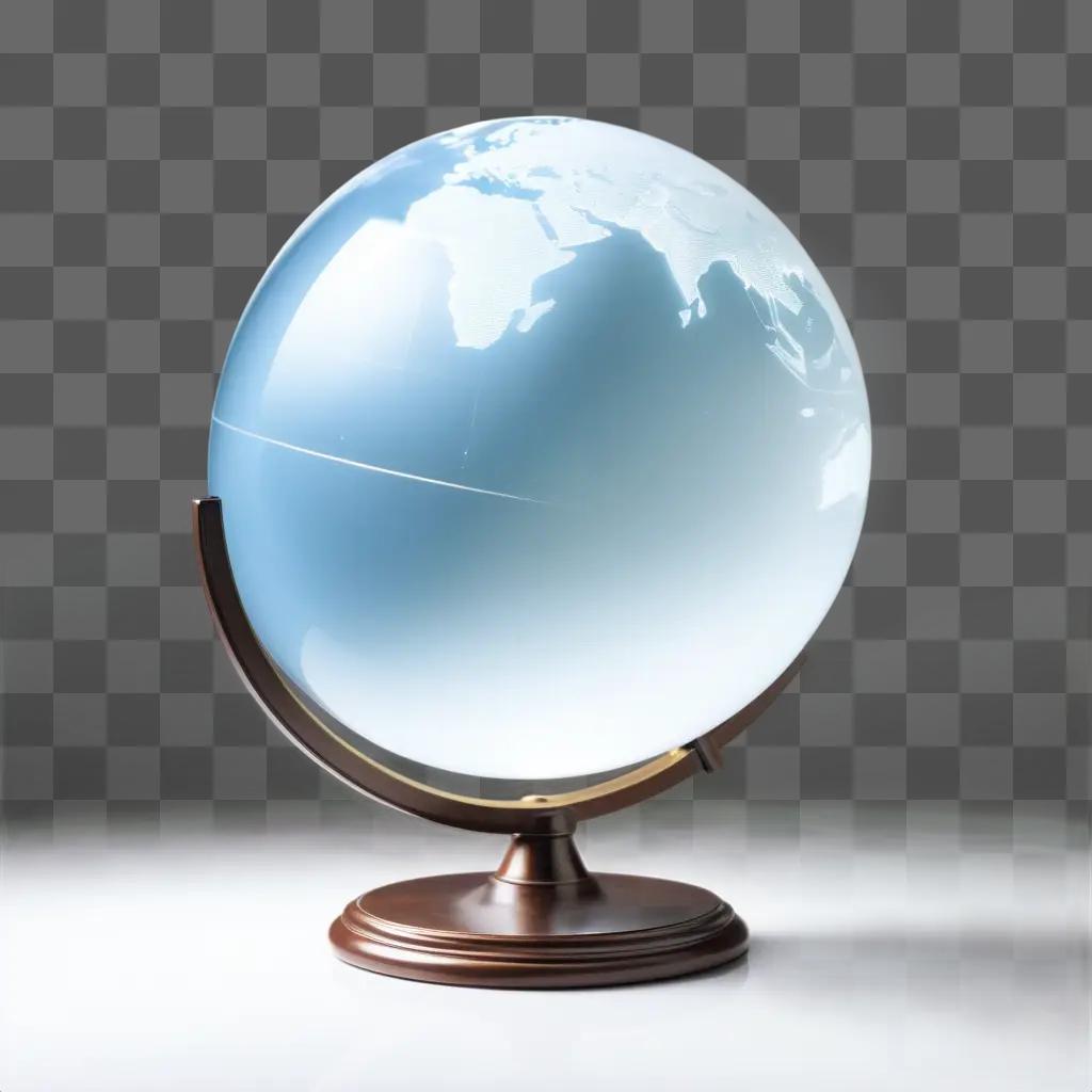 transparent globe sits on a wooden stand