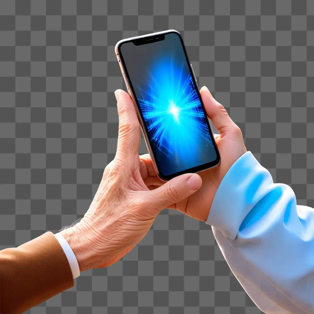 transparent hand holding a smartphone with a bright light