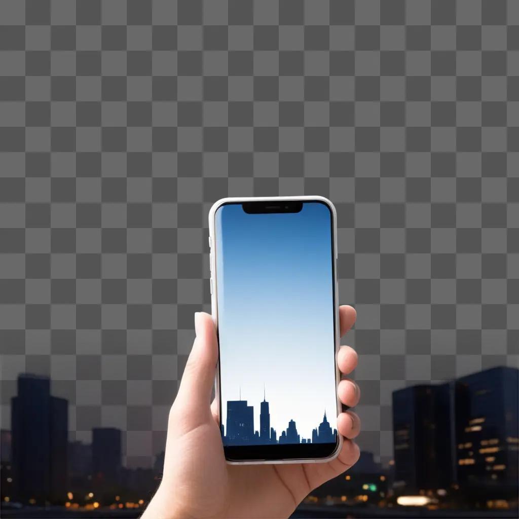 transparent hand holds a phone with a city skyline