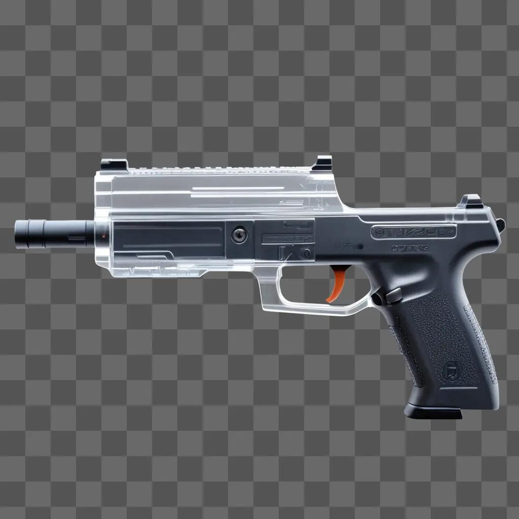 transparent handgun with a red trigger and a black barrel