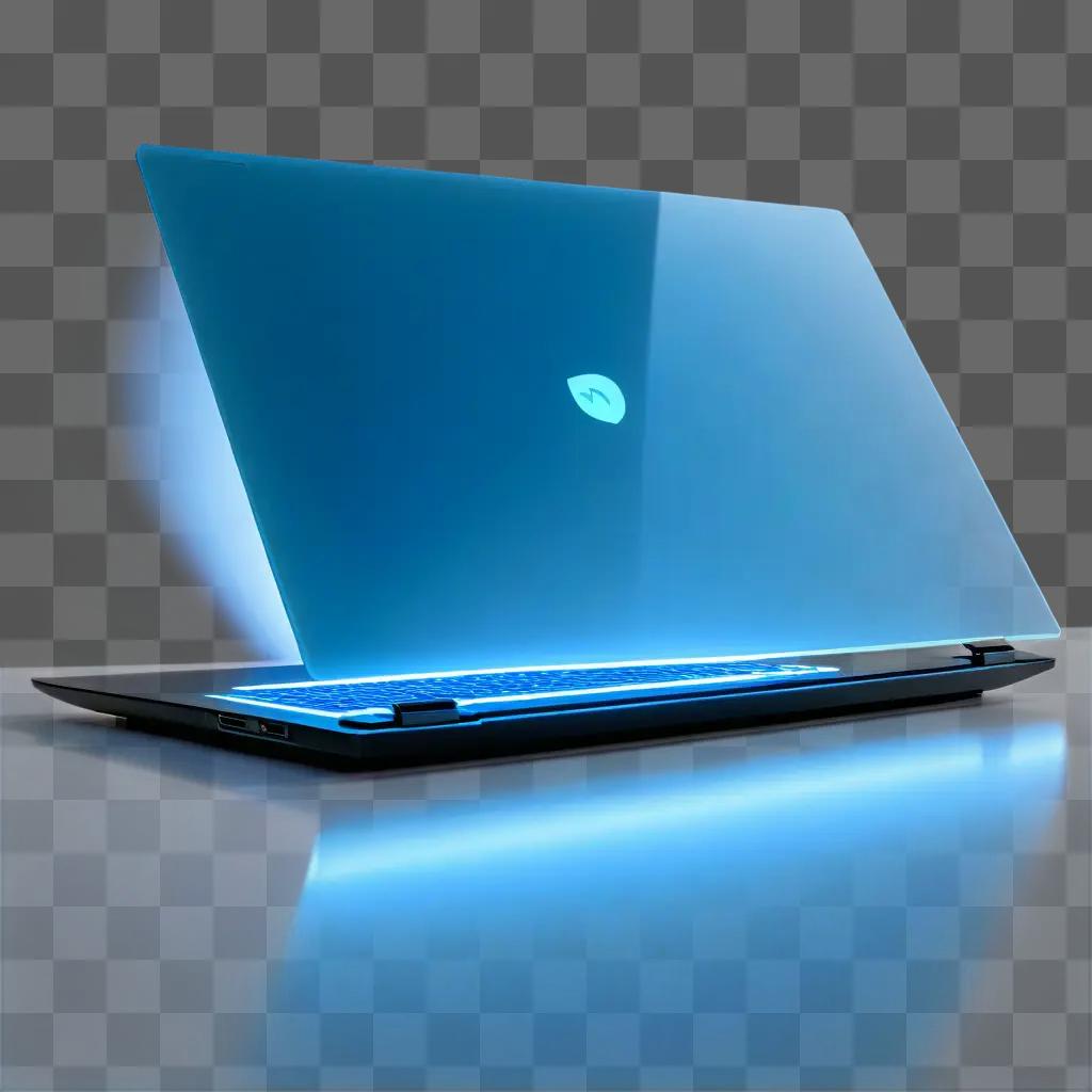 transparent laptop is displayed against a blue backdrop