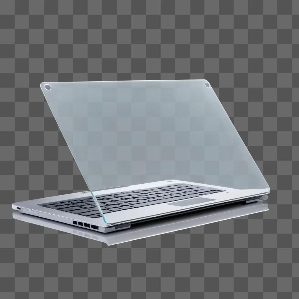 transparent laptop is lit up against a grey background