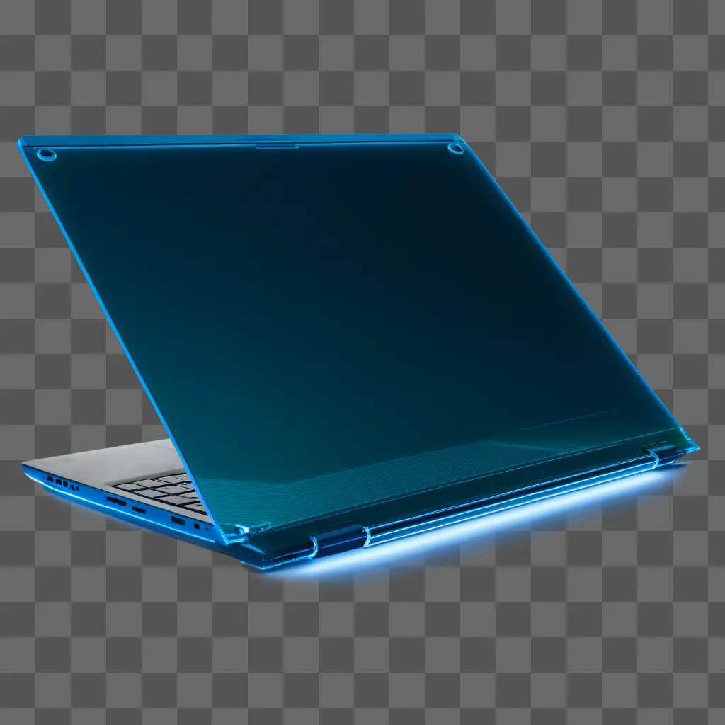 transparent laptop sits on a blue background