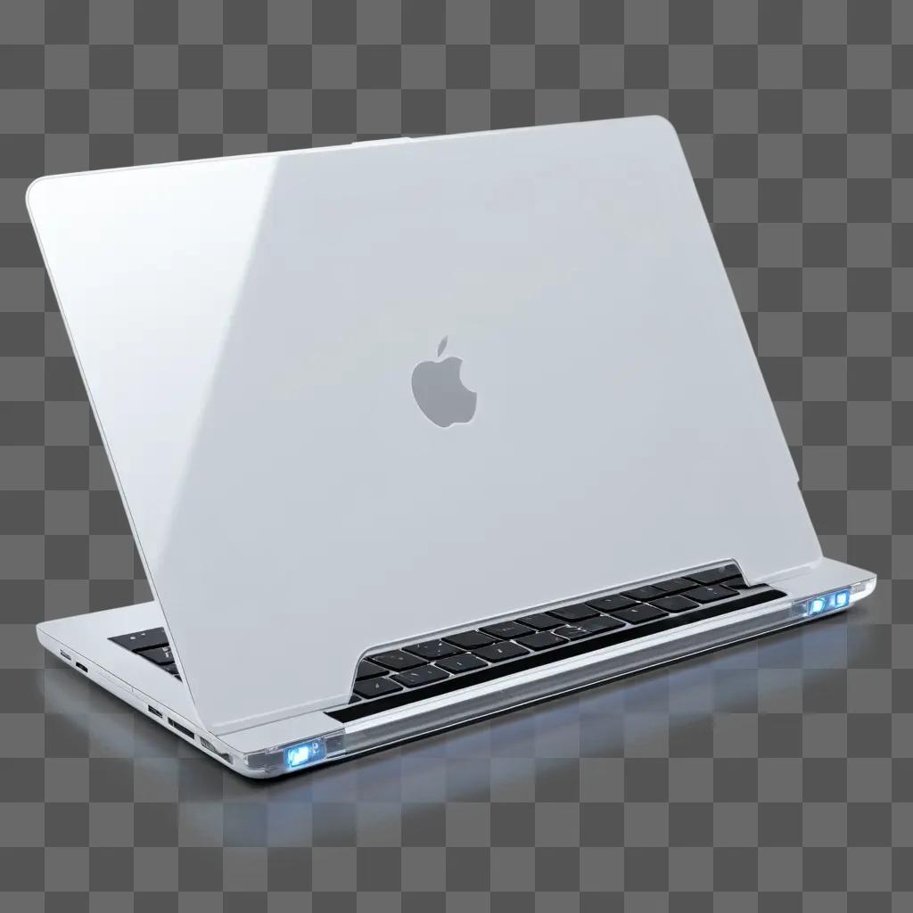 transparent laptop sits on a grey background