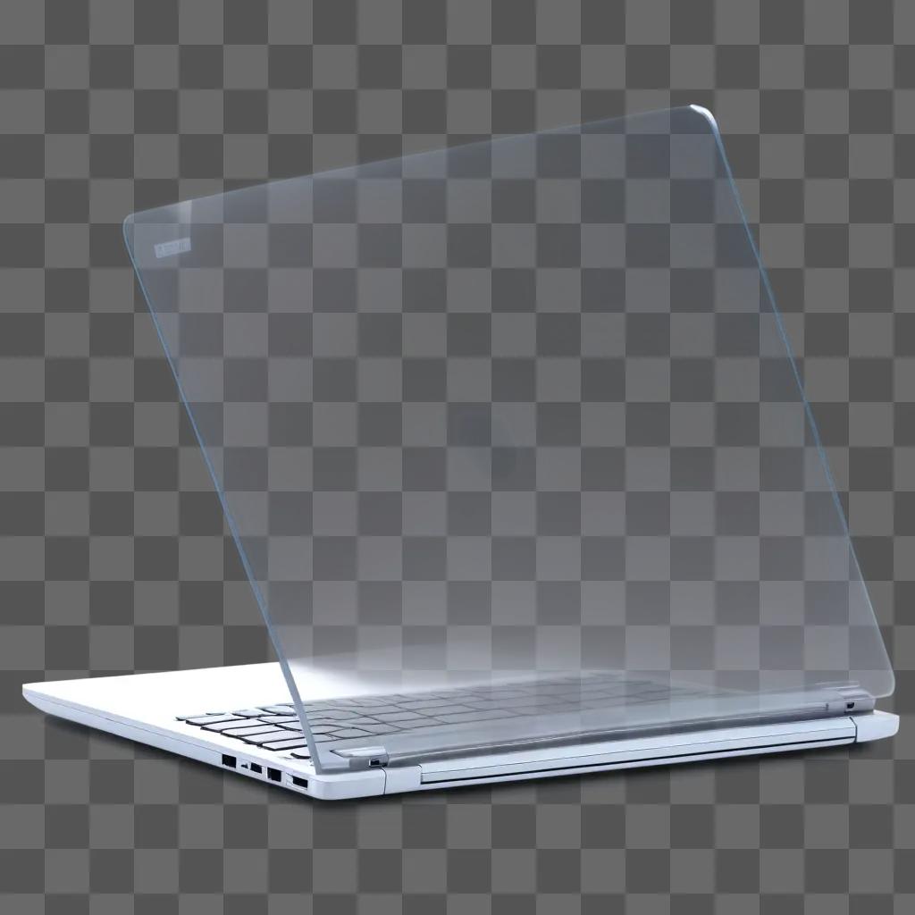 灰色の表面に置かれた透明なノートパソコン