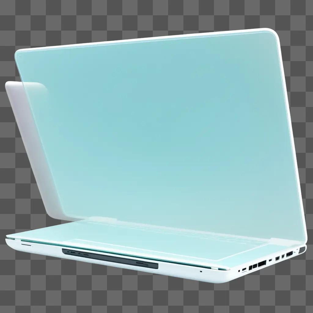 水色の壁に置かれた透明なノートパソコン