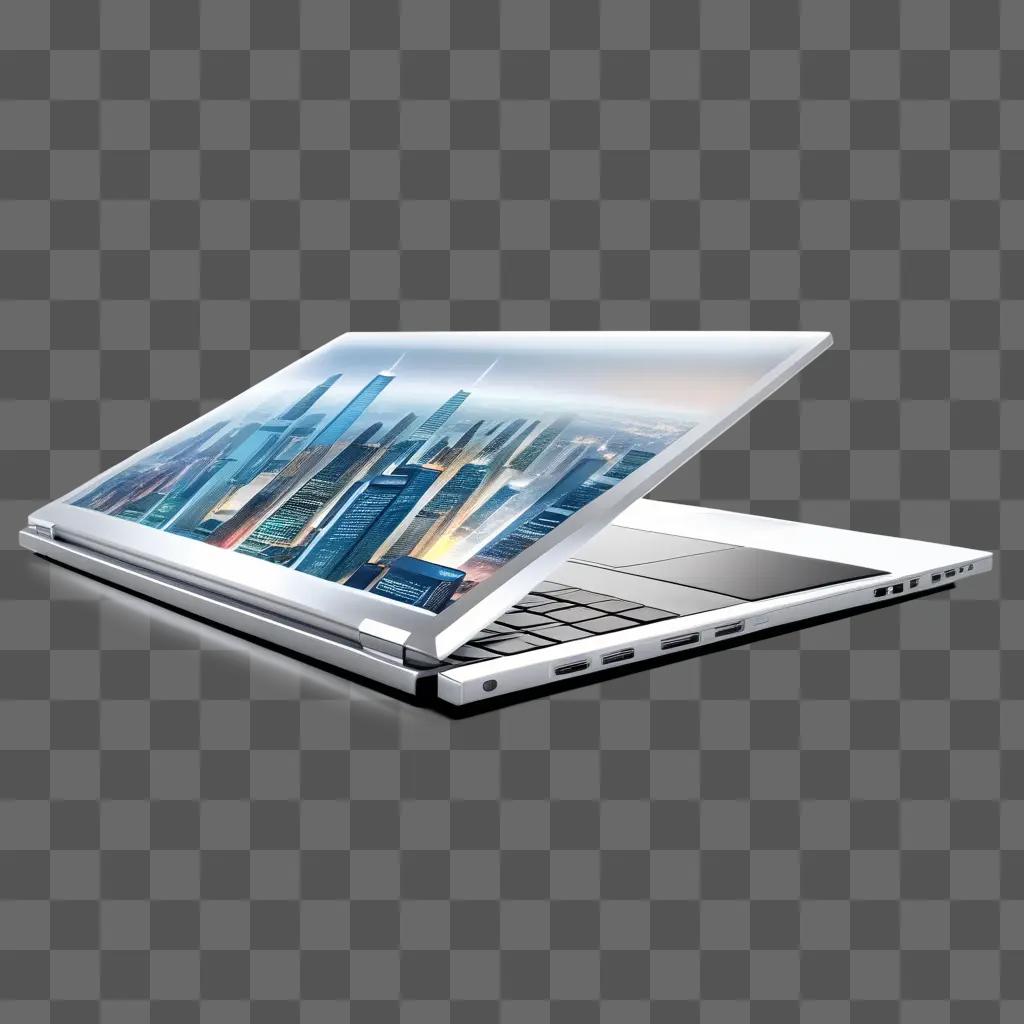 transparent laptop with a cityscape on it