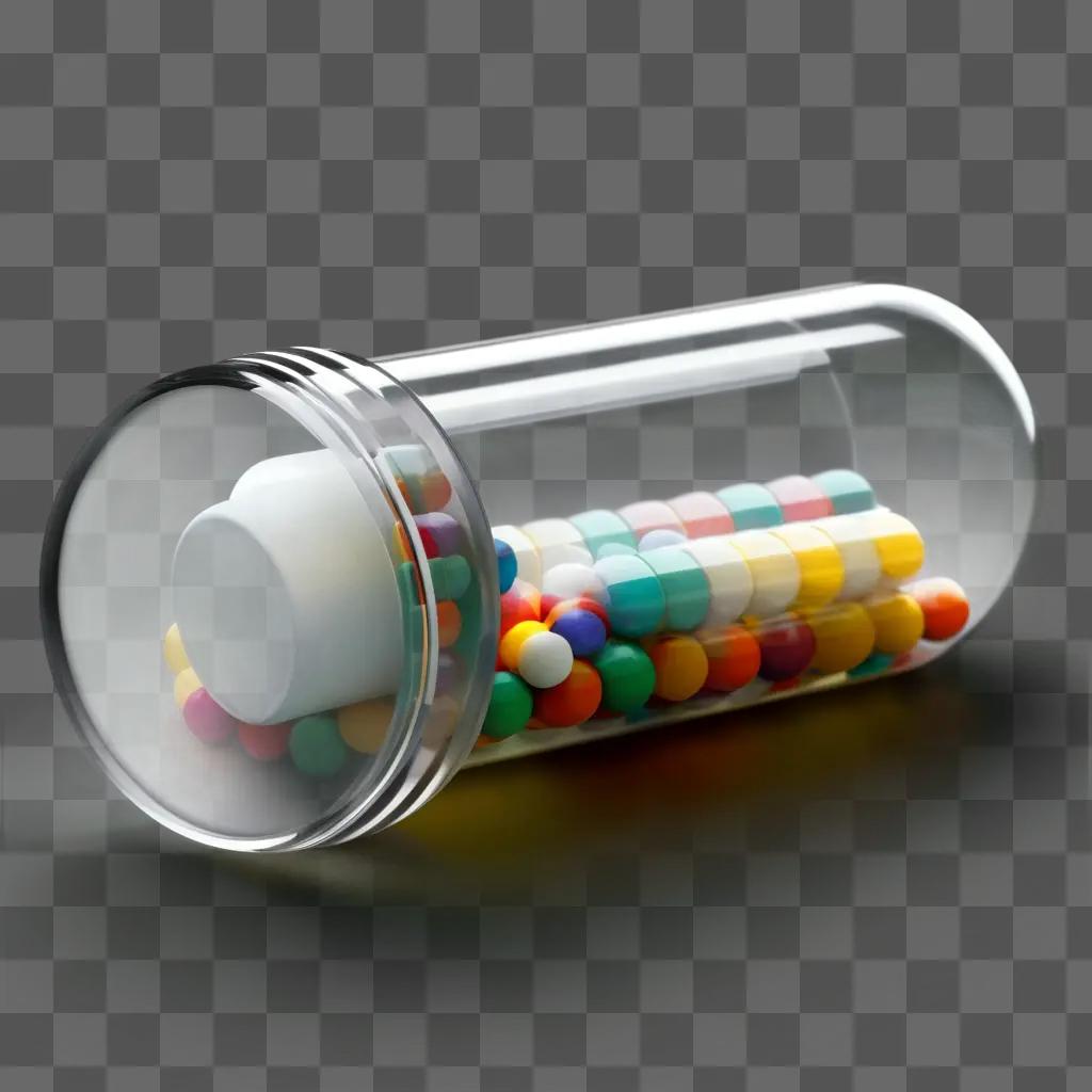 transparent pill bottle with a rainbow of colorful pills