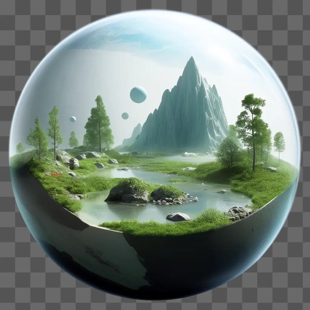 transparent planet with mountains and trees