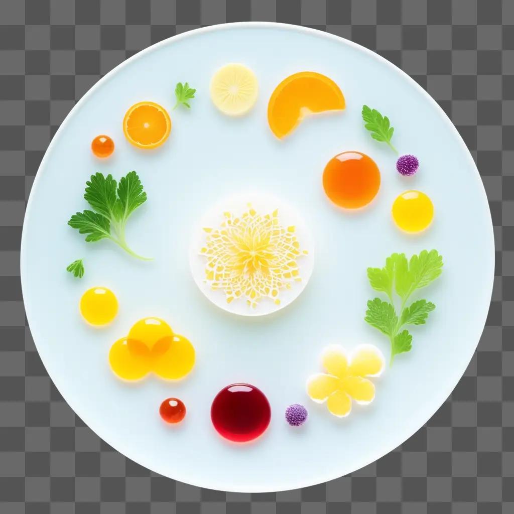 transparent plate with food items and edible flowers