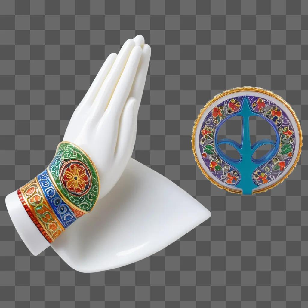 transparent praying hands sits next to a colorful decorative plate