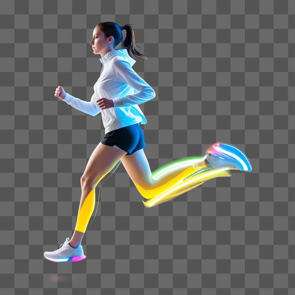 transparent running girl is lit up by neon lights