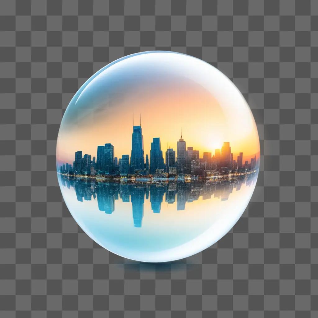 transparent sphere captures a cityscape at sunset