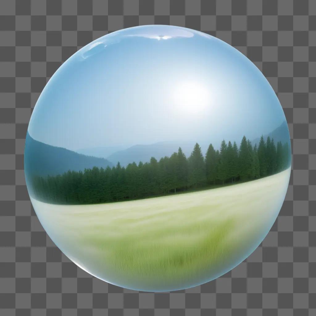 transparent sphere captures a serene landscape