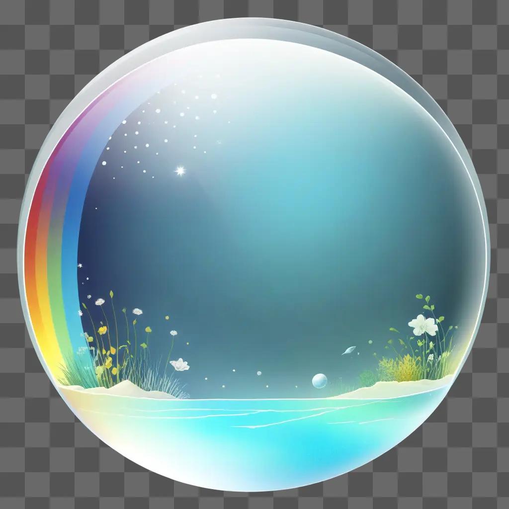 transparent sphere displays a tranquil scene with flowers and water