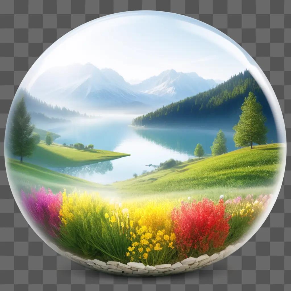 transparent sphere with a mountain range in it