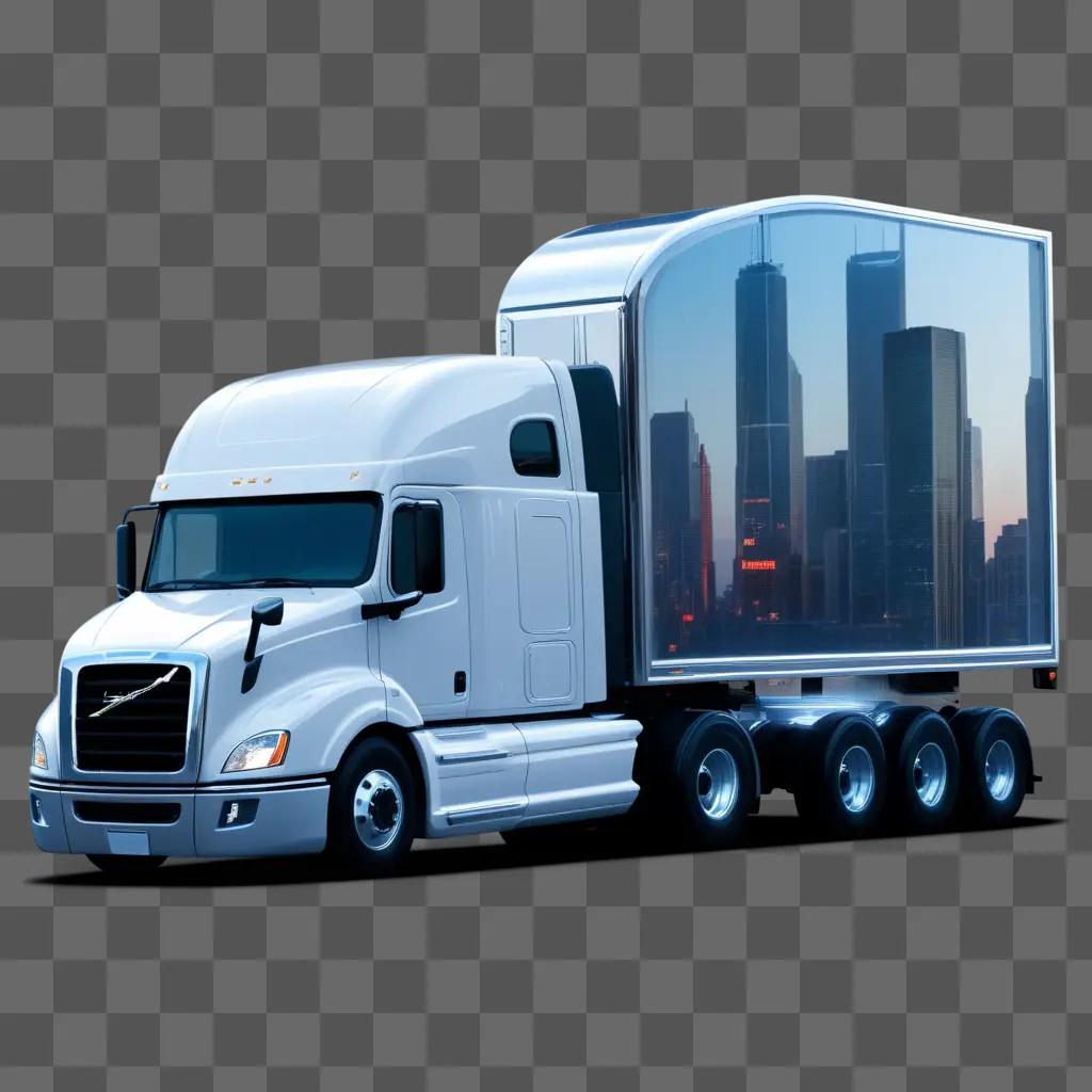 transparent truck drives through a cityscape