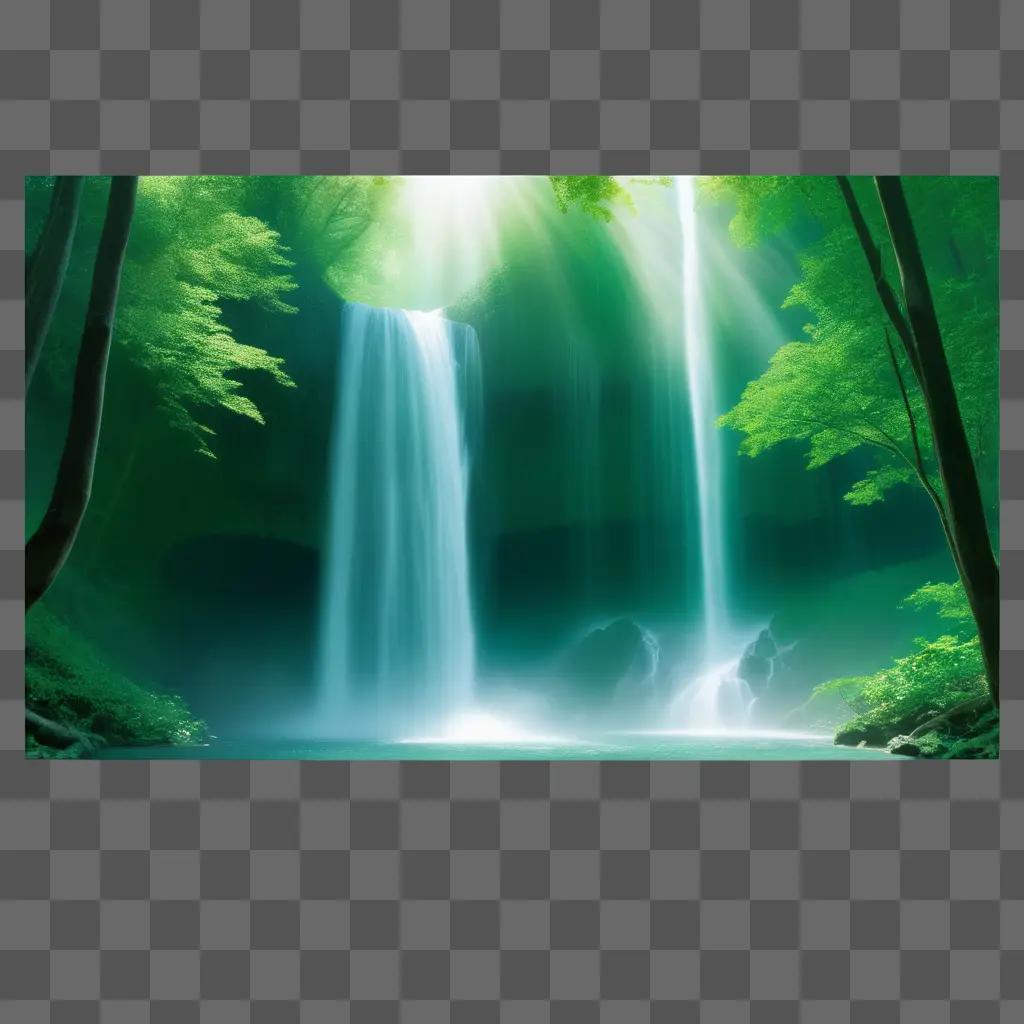 transparent waterfall with a green forest in the background