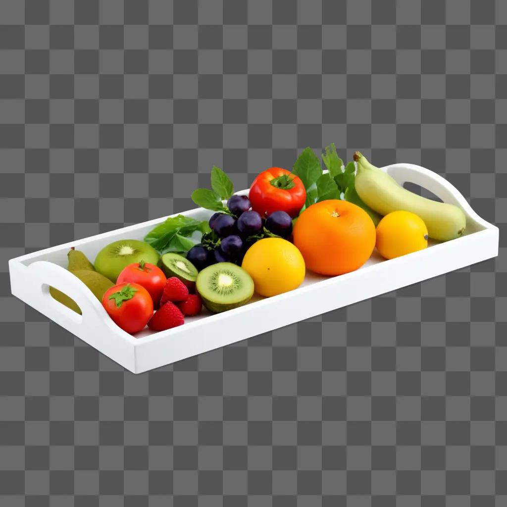 tray holds a variety of fruits and vegetables