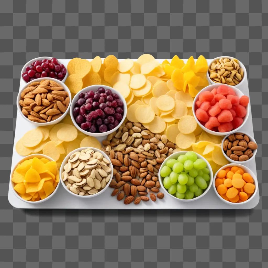 tray of assorted nuts, dried fruit and chips