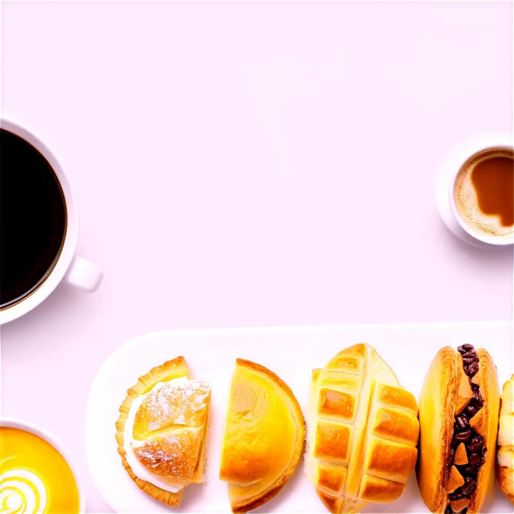 tray of pastries sits next to a cup of coffee