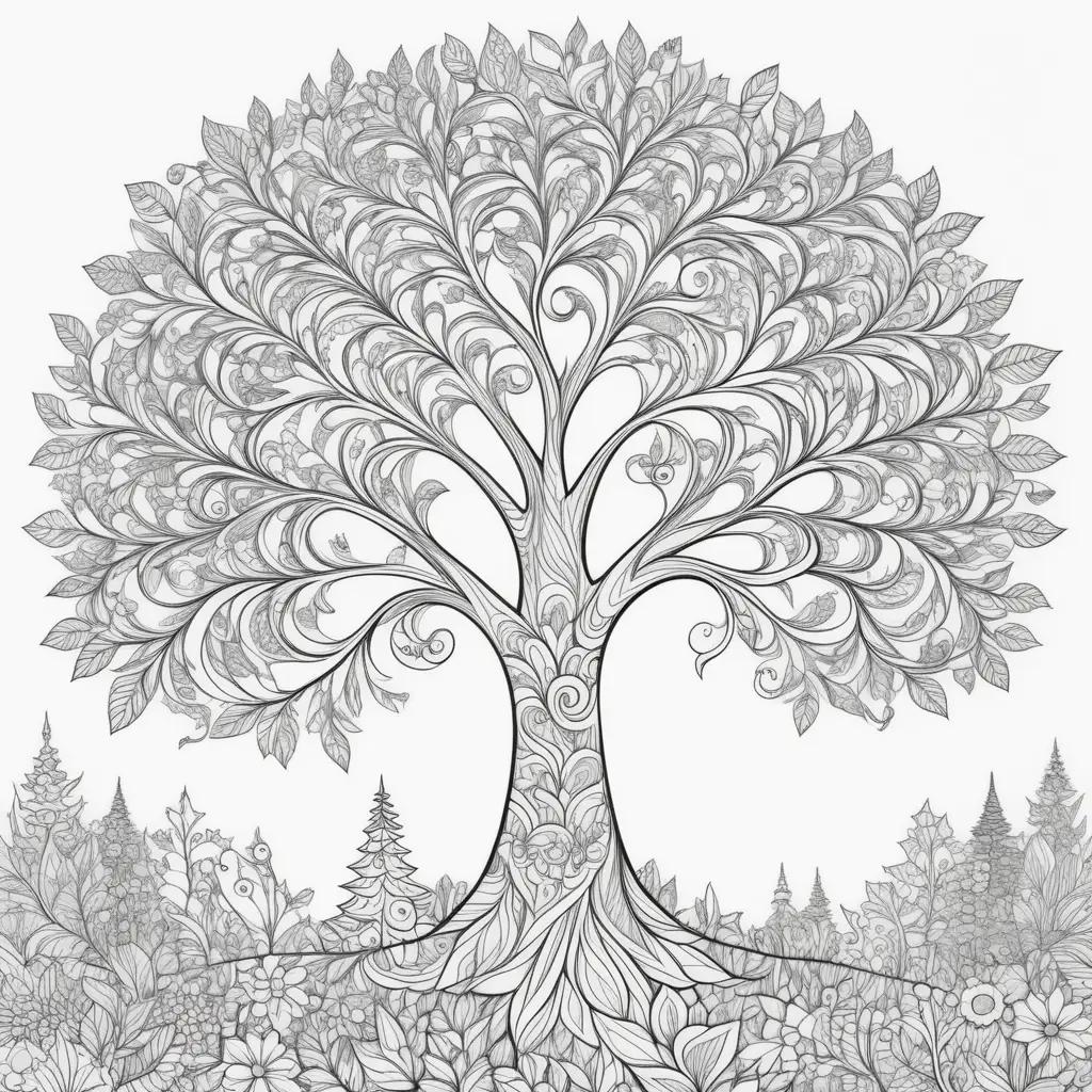 tree coloring page with intricate designs and a tree trunk