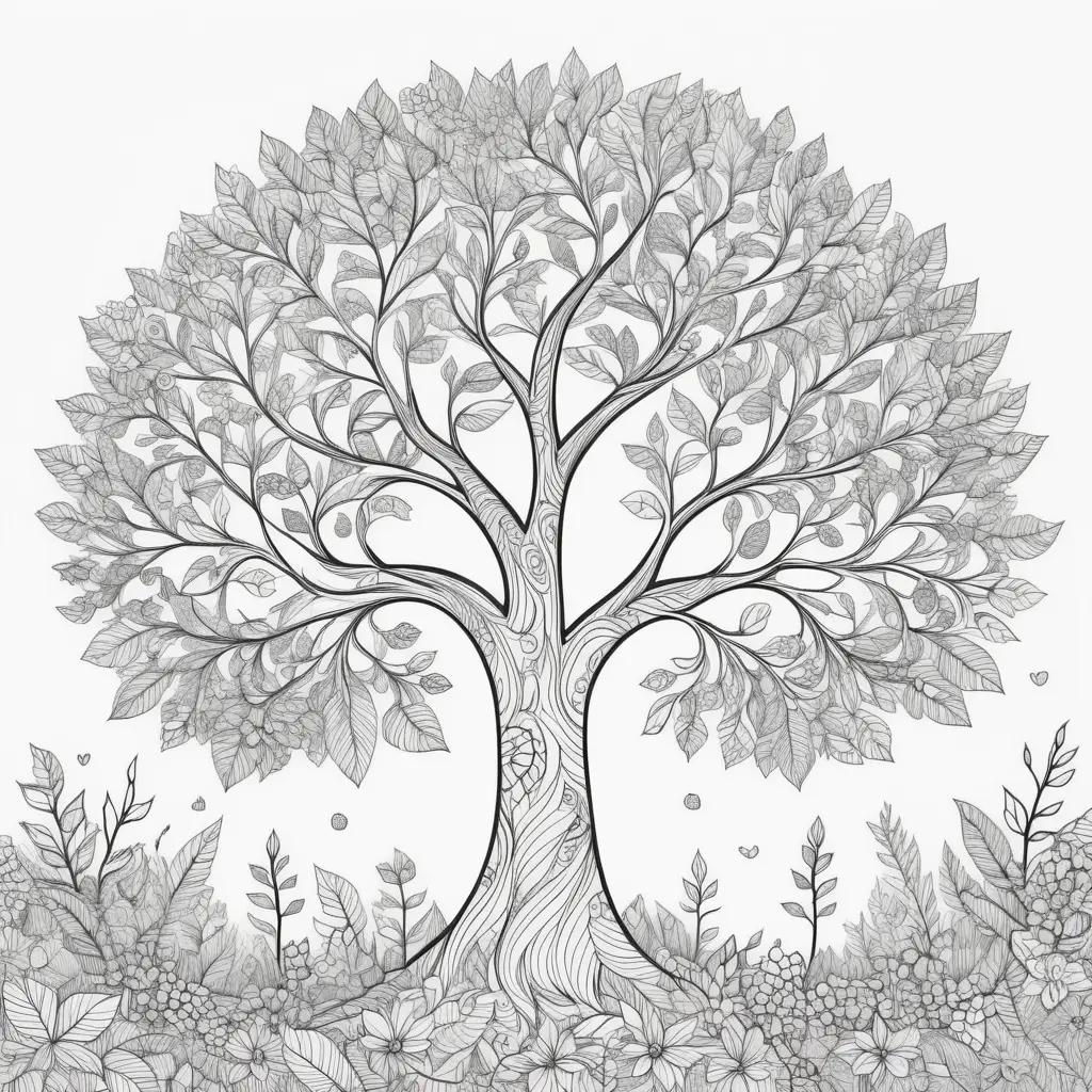 tree coloring page with leaves and branches