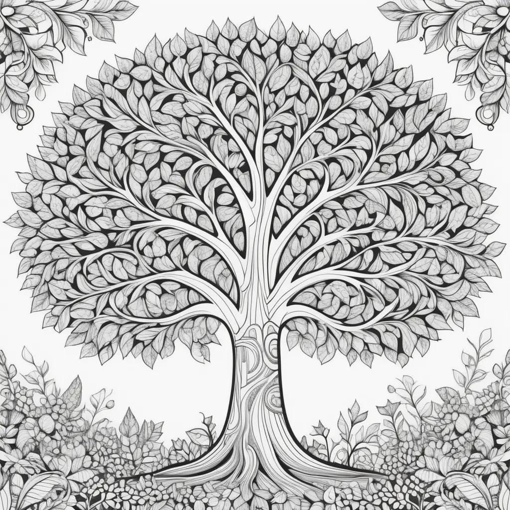 tree coloring page with leaves and flowers