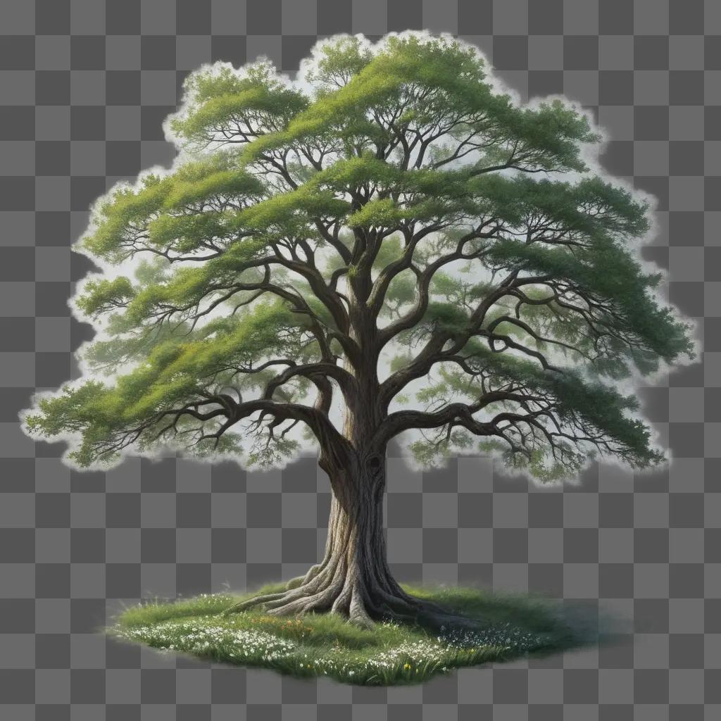 tree drawing is realistic, with a green leafy trunk and branches