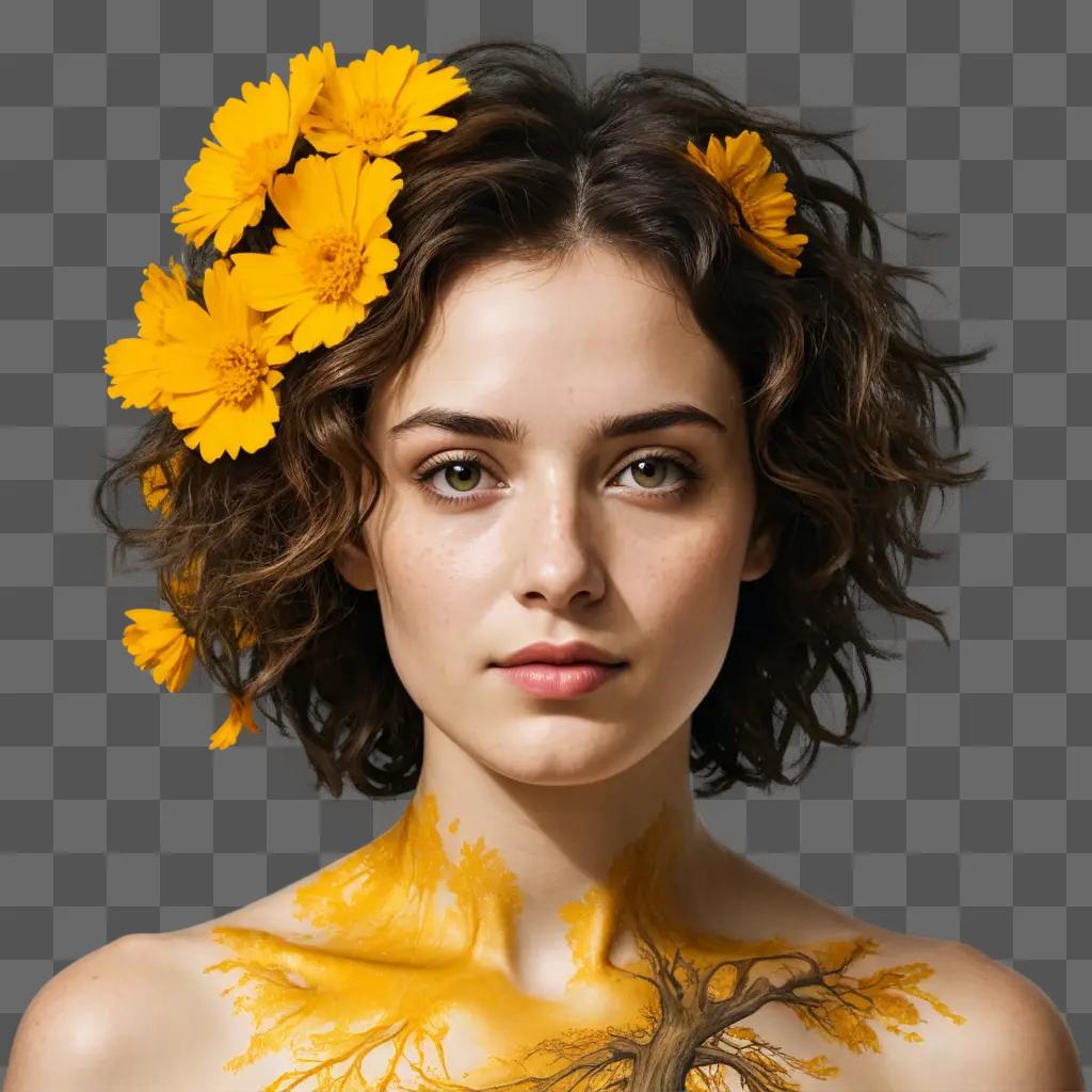 tree drawing realistic A girl with yellow flowers on her chest