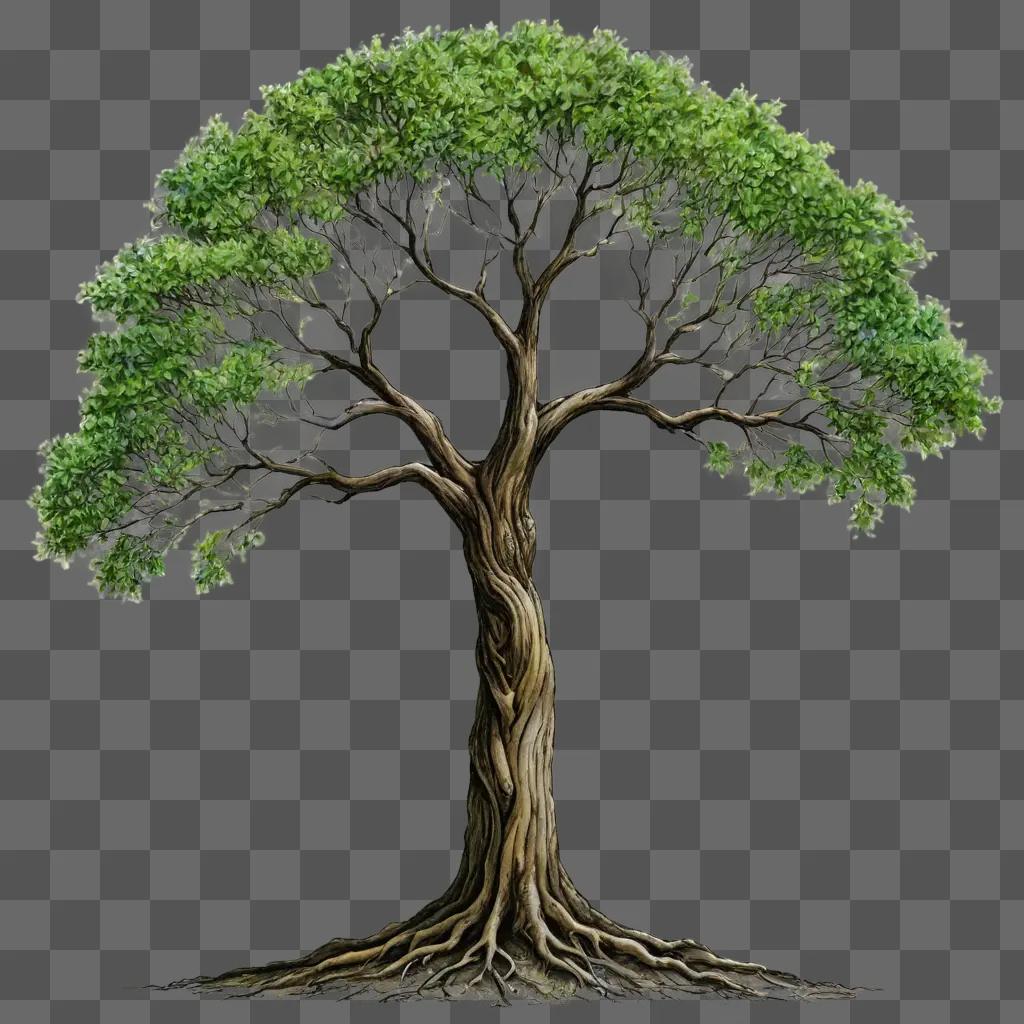 tree drawing realistic A tree with a glowing root on a green background