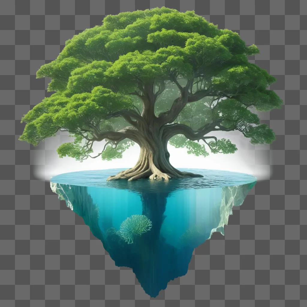 tree floating in an ocean surrounded by rocks