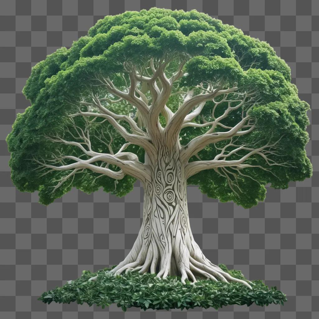 複雑な彫刻と緑の背景を持つ木