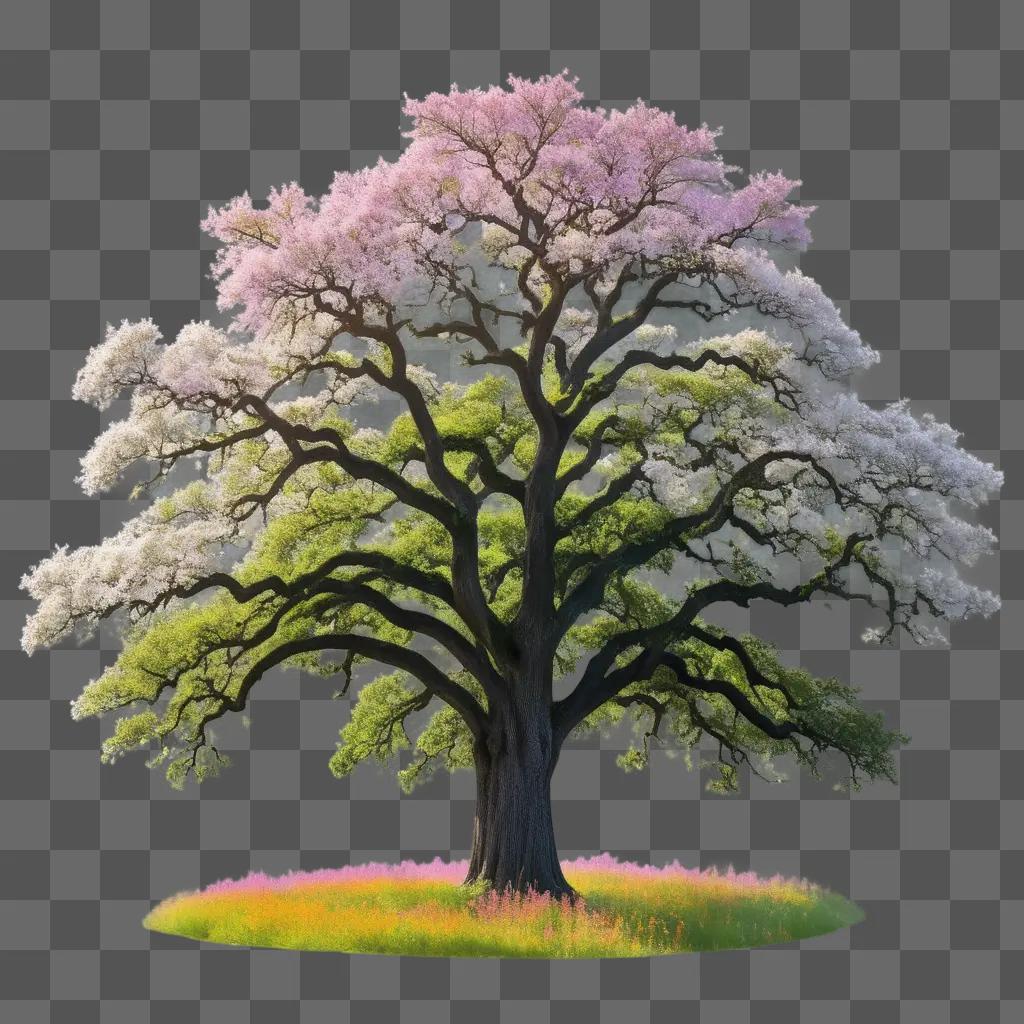 tree with pink blossoms stands in a field