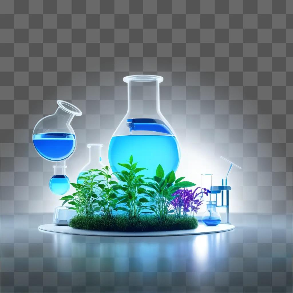 trio of blue liquid beakers and plants