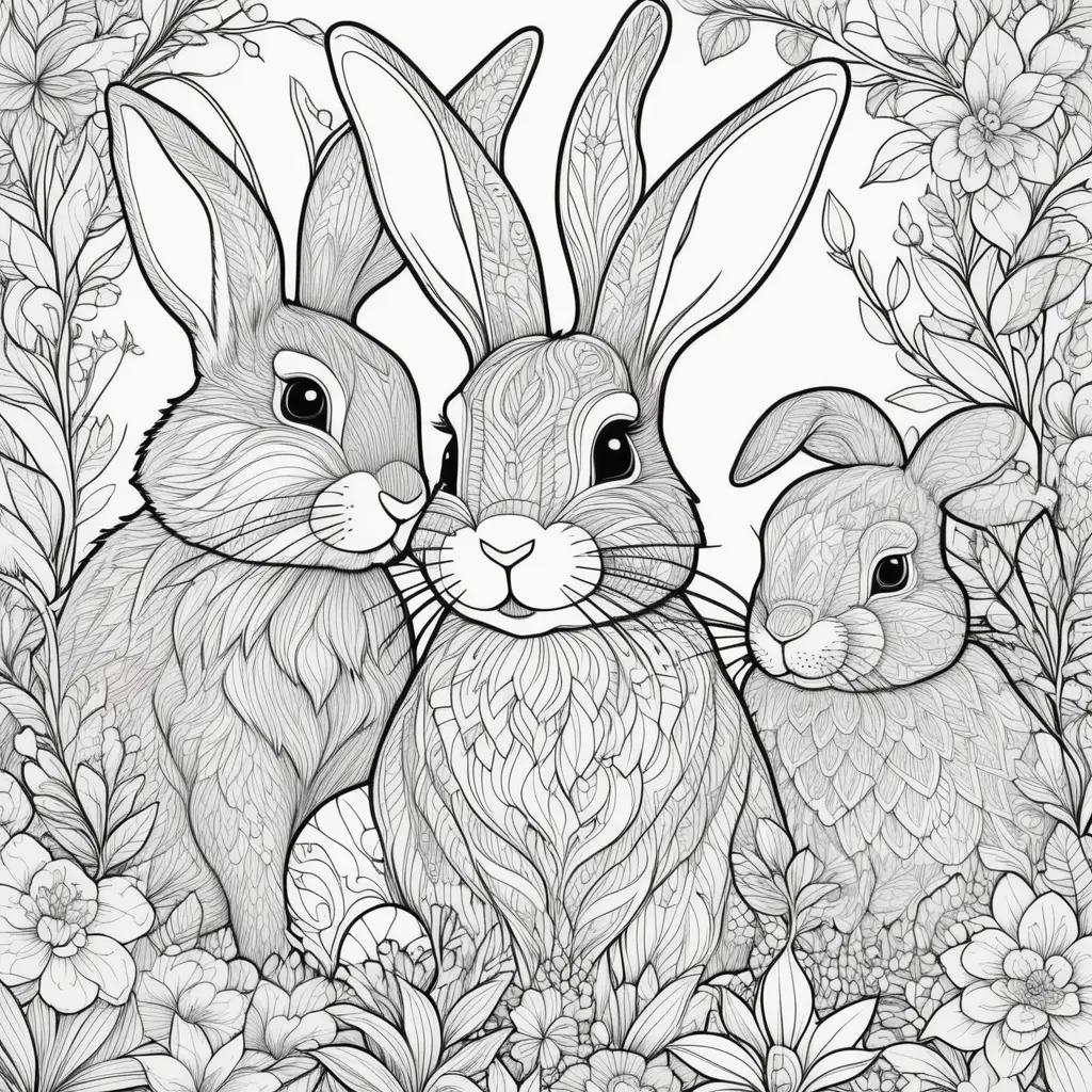 trio of bunnies in an artistic coloring page