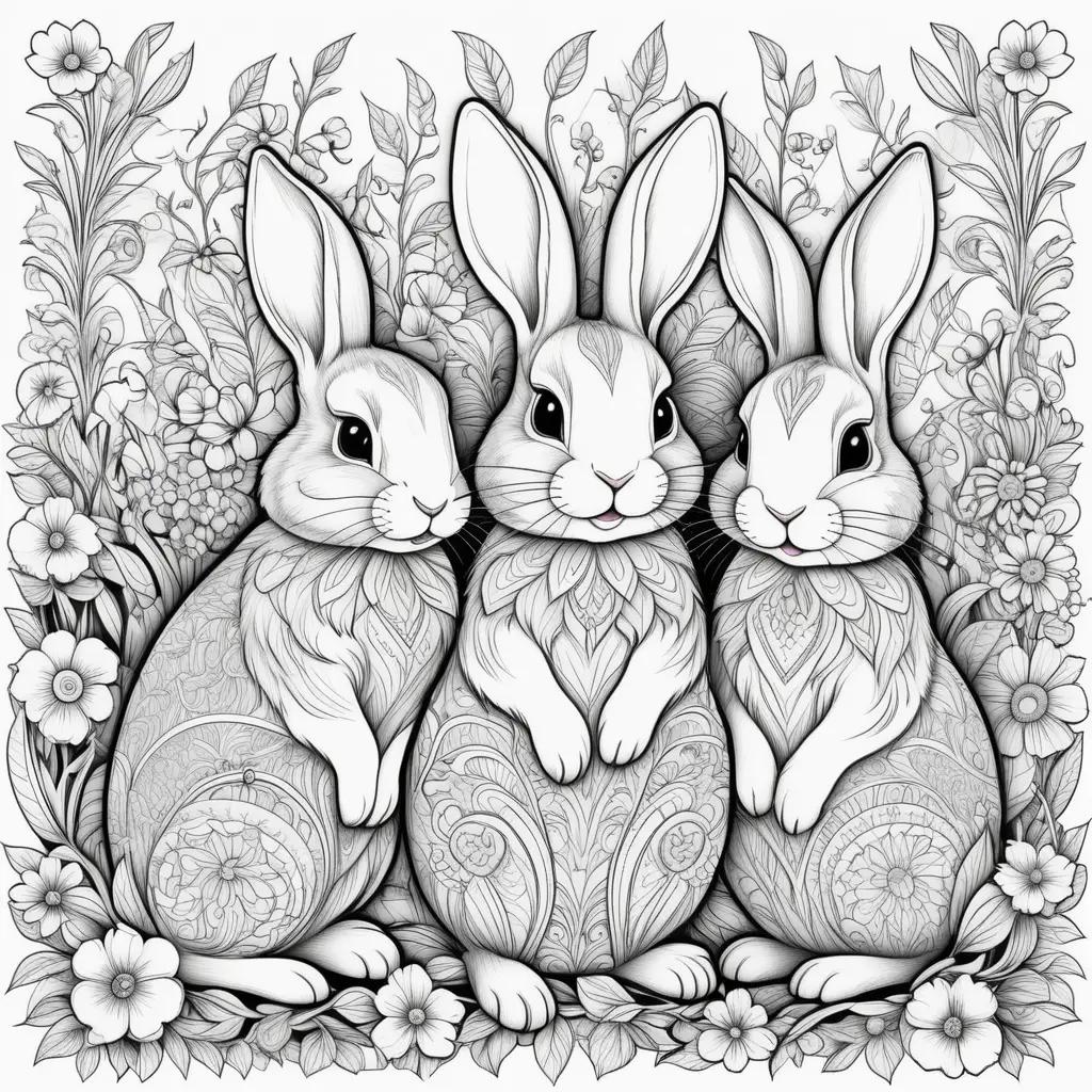 trio of bunnies sit among flowers in a coloring page